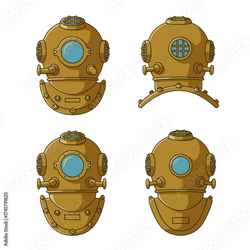 Collection of old-fashioned brass diver helmets, retro steampunk aquatic gear illustrations