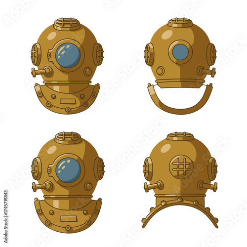 Four illustrations of a vintage diving helmet from different angles, showcasing its brass construction and circular windows.