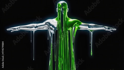 Chrome Human Figure With Green Liquid Dripping Over Body. Futuristic Sculpture Concept With Fluid And Metallic Elements For Visual Arts