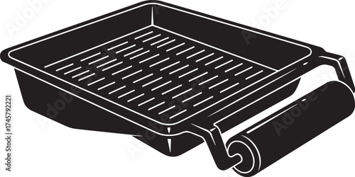 Black silhouette paint roller tray illustration, featuring a textured grid for excess paint.