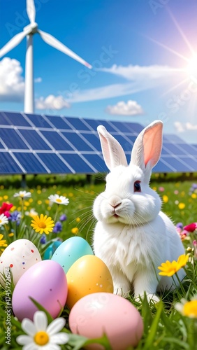 White rabbit amidst colorful Easter eggs, solar panels, and wind turbine. Springtime meadow scene
