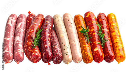 Variety of raw sausages with rosemary for cooking