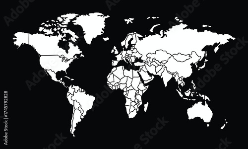 Black and White World Map with Country Borders – Minimal Vector Global Design