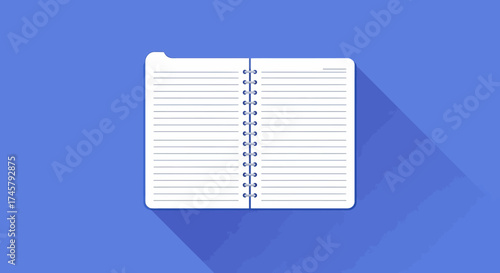 Open Notebook with Spiral Binding and Lined Pages on a Blue Background with Long Shadow