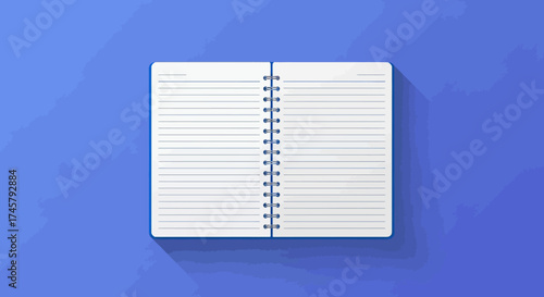 Elegant Open Notebook with Blank Lined Pages on a Vibrant Blue Background with Subtle Shadows