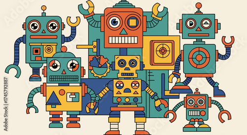 A vibrant collection of colorful retro toy robots illustration.