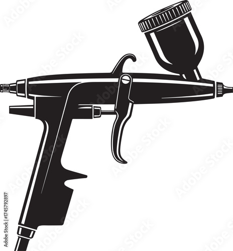 Classic black airbrush gun illustration, professional painting tool with top-mounted cup.