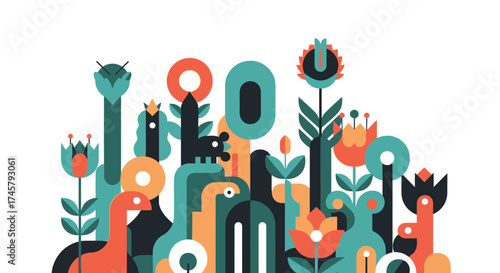 A whimsical collection of stylized geometric animals and plants.