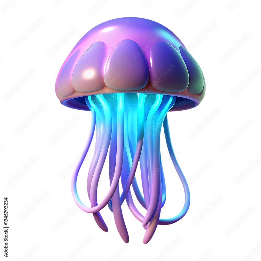 Fototapeta premium Glowing bioluminescent jellyfish with vibrant neon tentacles isolated on transparent background