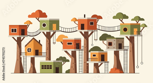 A whimsical village of colorful illustrated treehouses.