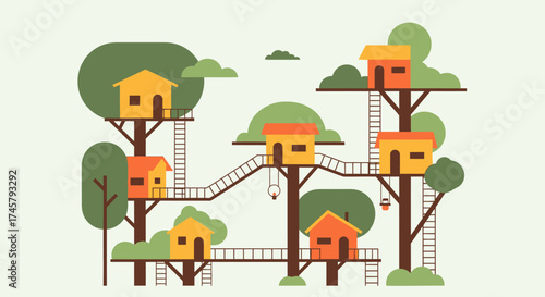 A whimsical village of interconnected treehouses in a forest canopy.