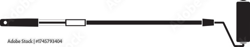 Elongated black paint roller with extension pole, a simple graphic silhouette of a home improvement tool.