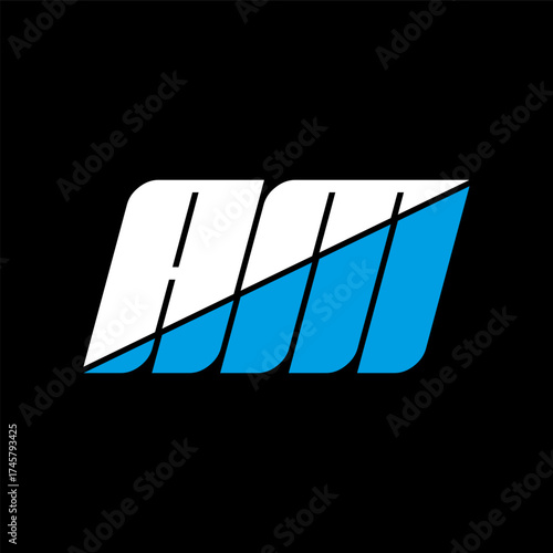 AM letter logo design on black background. AM creative initials letter logo concept. am icon design. AM white and blue letter icon design on black background. A M