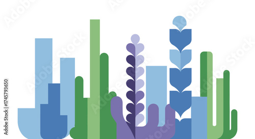 Abstract geometric plants and flowers in shades of blue and green.