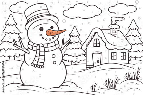 Snowman with carrot nose and scarf standing in snowy yard with house and trees covered in snow winter theme simple outline vector illustration