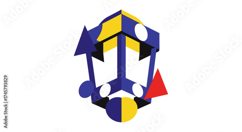 Abstract three dimensional geometric sculpture with primary colors.