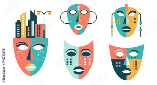 Abstract Tribal Masks with Cityscape Integration.