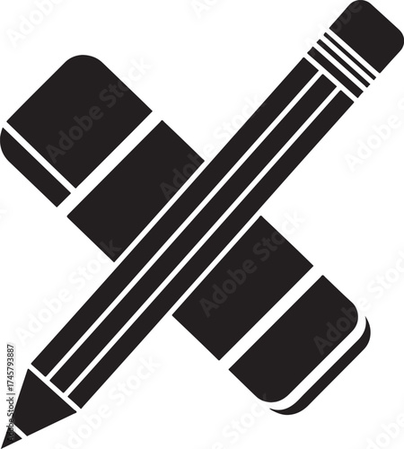 Graphic black silhouette of a classic wooden pencil and rectangular eraser crossed, iconic stationery tools.