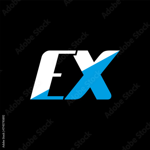 EX letter logo design on black background. EX creative initials letter logo concept. ex icon design. EX white and blue letter icon design on black background. E X
