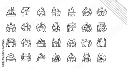 A Collection of Hand Drawn Business Meeting and Collaboration Icons Representing Teamwork and Professional Interaction