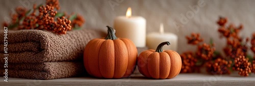 Warm autumn decor with pumpkins, candles, and soft towels.