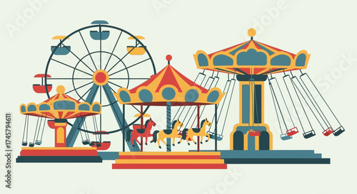 Amusement Park Rides Carousel Ferris Wheel and Swing Ride.
