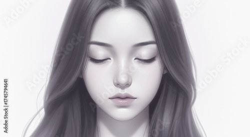 A Serene Portrait Capturing the Gentle Essence of a Young Woman with Closed Eyes and Flowing Hair in Subtle Tones