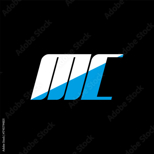 MC letter logo design on black background. MC creative initials letter logo concept. MC icon design. MC white and blue letter icon design on black background. M C