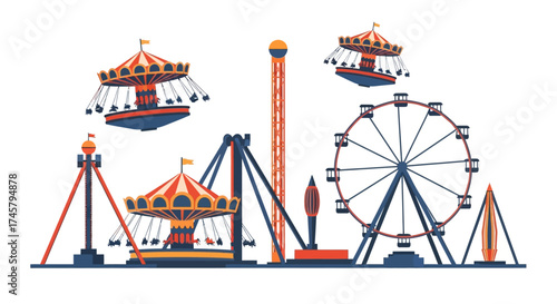 Amusement Park Rides Collection with Ferris Wheel and Carousels.