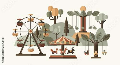 Amusement park scene with Ferris wheel carousel and swing ride.