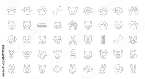 A Collection of Cute Hand Drawn Animal Icons Featuring Dogs Cats and Other Pets Perfect for Pet Lovers and Animal Enthusiasts