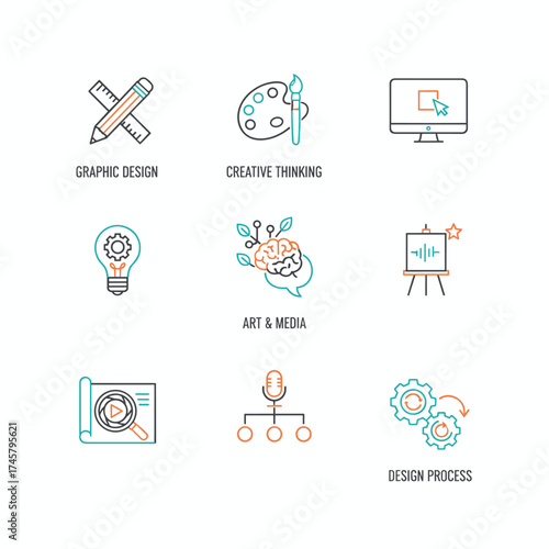 A thin‑line web icon collection for graphic design, creative thinking, art and media, and design processes