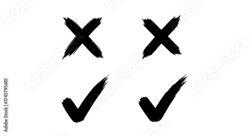 Four Black Brushstroke Symbols Representing Correct and Incorrect Choices on a White Background