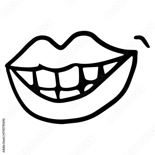 Vector cartoon illustration of a smiling woman's face with open mouth and metal braces on her teeth 