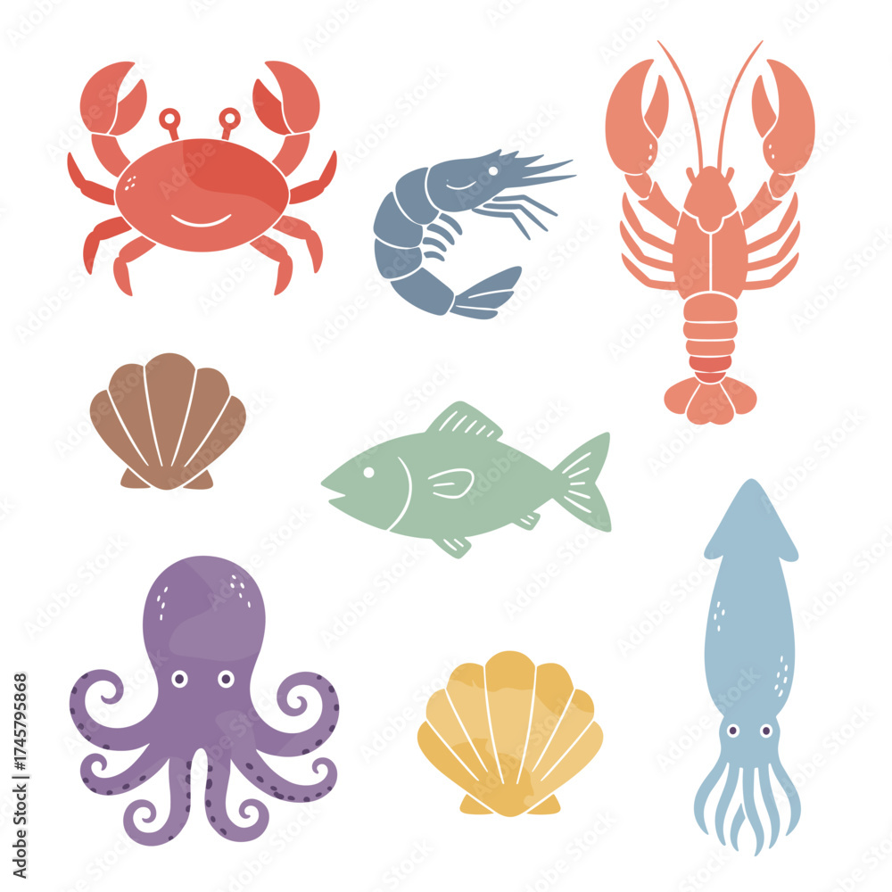 Fototapeta premium Vector illustrations of hand‑drawn watercolor seafood signs for graphic and web design, suitable for restaurants, menus, and fish markets