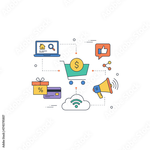 Vector illustrations depicting shopping and e‑commerce concepts, including online shopping, sales, social media, internet marketing, and online stores for graphic and web design
