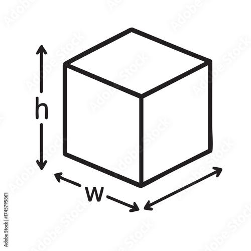 Isometric view of a cube with labeled dimensions for width and height