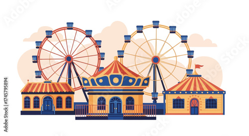 Amusement park scene with Ferris wheels and carousel buildings.