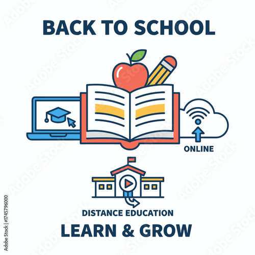 Vector illustration for a back‑to‑school banner featuring education, learning, online courses, training, distance education, and e‑learning