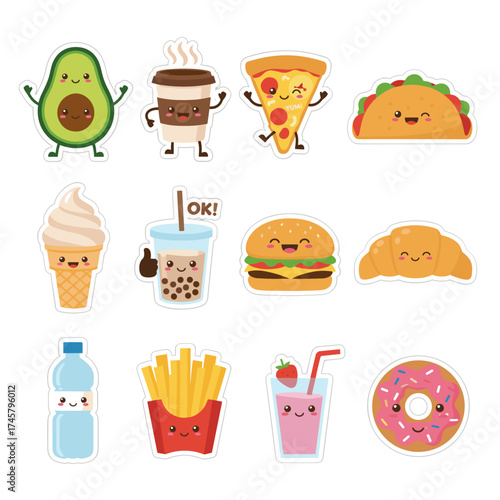 A collection of humorous food and beverage stickers designed for social networks, mobile messaging, chat, social media, online communication, networking, and web design
