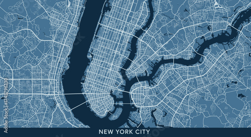 Detailed Aerial Map View of New York City Streets and Waterways with a Blue and White Color Scheme