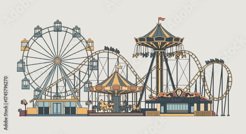 Amusement park with roller coaster and Ferris wheel for entertainment.