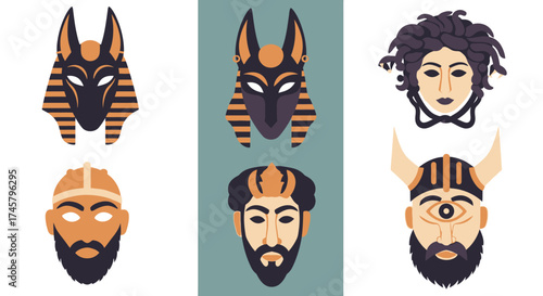 Ancient Egyptian and Mythological Masks Depicting Gods and Figures.
