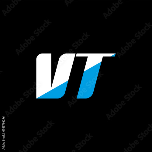 VT letter logo design on black background. VT creative initials letter logo concept. VT icon design. VT white and blue letter icon design on black background. V T