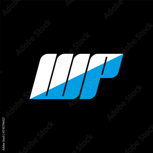 WP letter logo design on black background. WP creative initials letter logo concept. WP icon design. WP white and blue letter icon design on black background. W P
