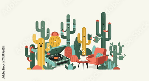 Anthropomorphic Cactus Characters Relaxing at Home Together.