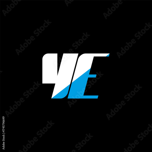 YE letter logo design on black background. YE creative initials letter logo concept. YE icon design. YE white and blue letter icon design on black background. Y E