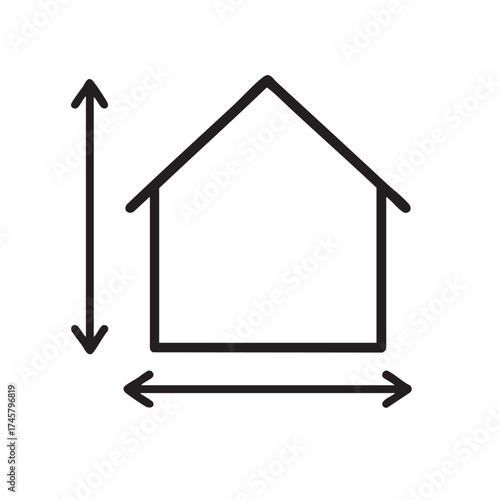 Simple black and white drawing of a house with height and width arrows