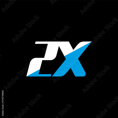 ZX letter logo design on black background. ZX creative initials letter logo concept. ZX icon design. ZX white and blue letter icon design on black background. Z X
