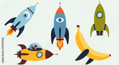 Cartoon Rockets and Banana Spaceship Illustration.